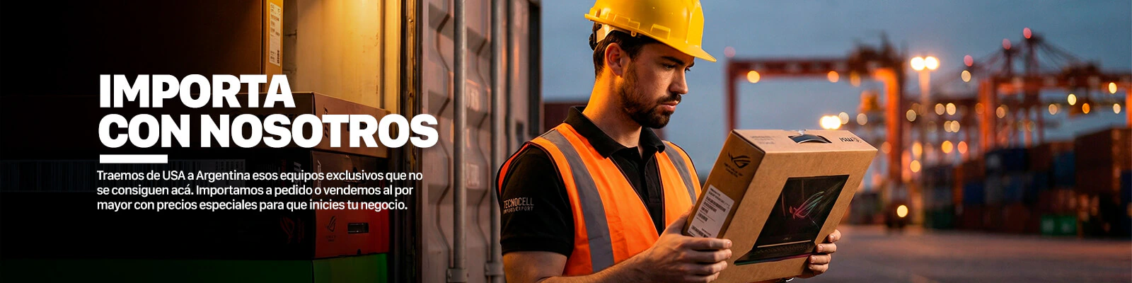 Banner de importación con Tecnocell: equipos exclusivos traídos de Estados Unidos a Argentina.