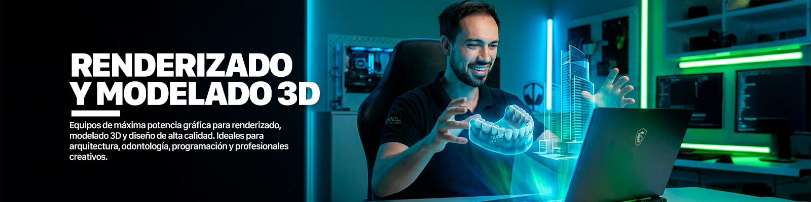 Banner de equipos para renderizado y modelado 3D, arquitectura, odontología, programación y profesionales creativos.
